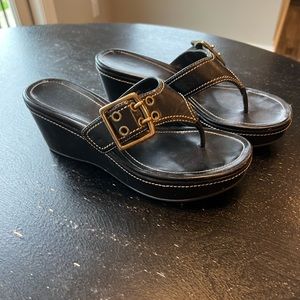 Coach Black Wedge Sandals with Gold Buckle